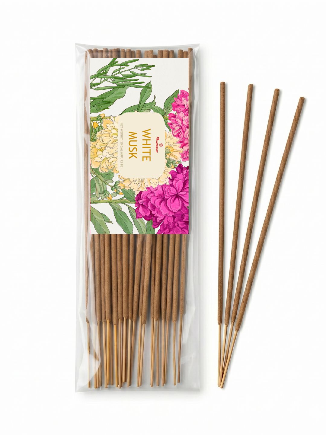 White musk agarbatti incense sticks in clear pack with floral label, brown sticks