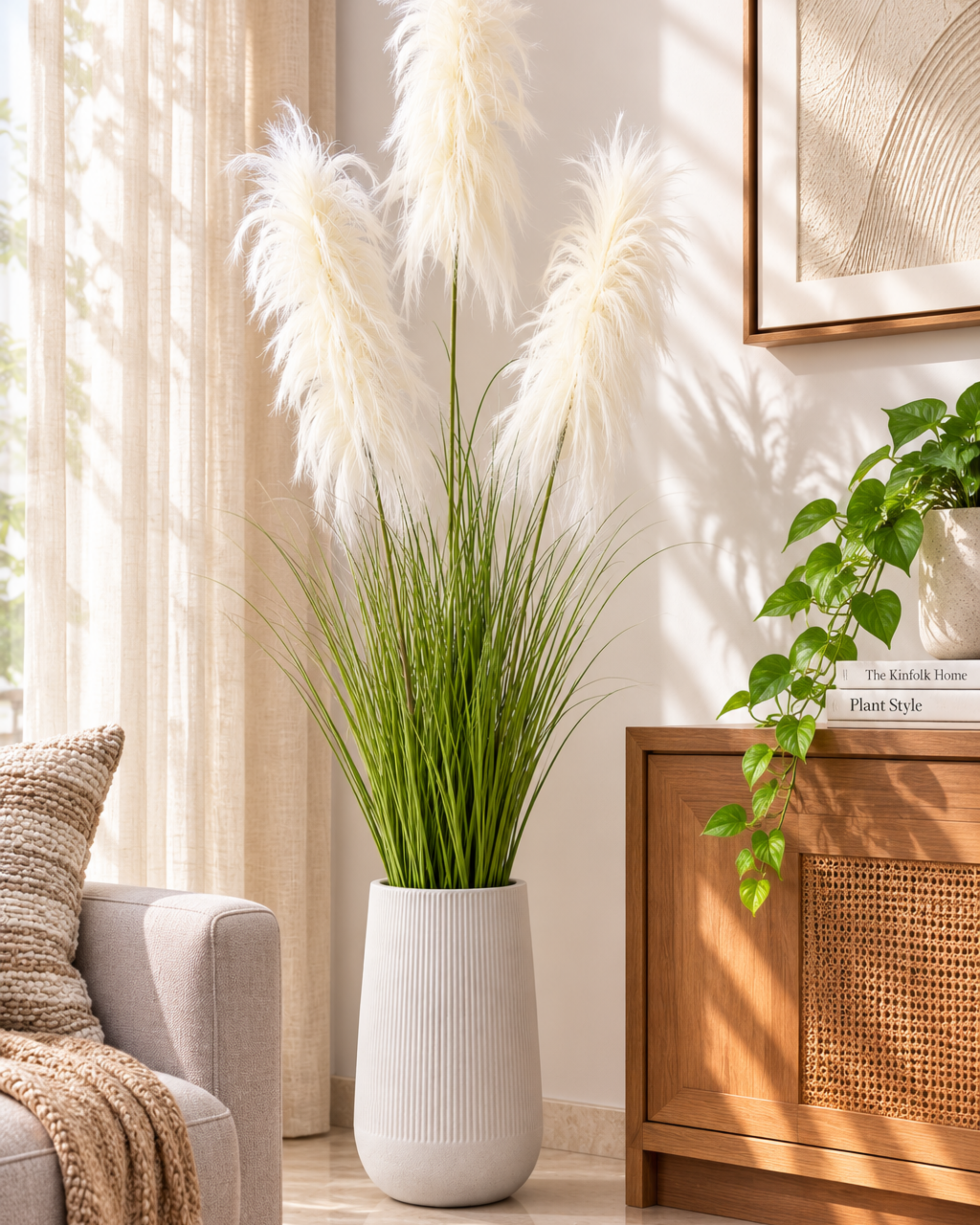 Premsons® Artificial White Feather Grass Plant for Home & Office