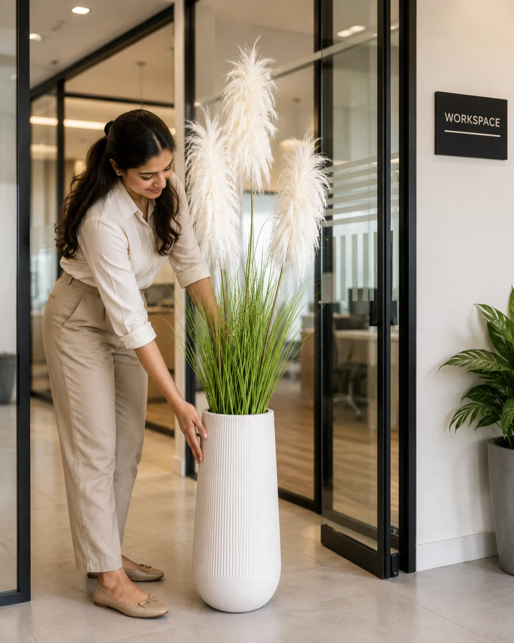 Premsons® Artificial White Feather Grass Plant for Home & Office