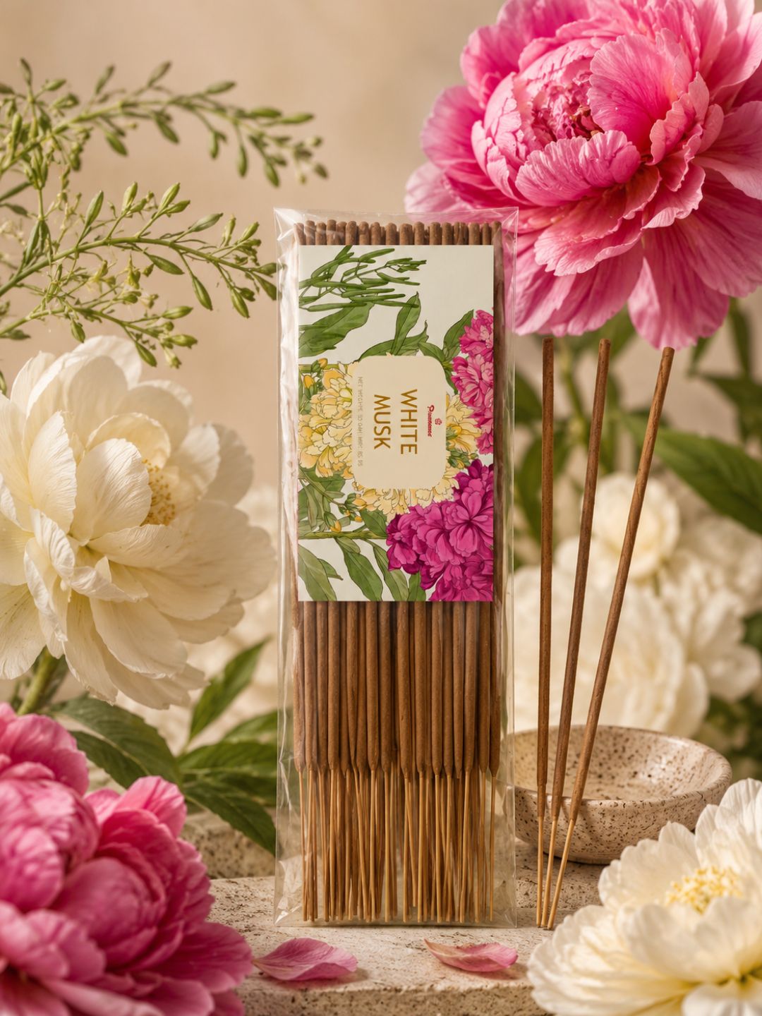 Floral-labeled agarbatti incense sticks pack with brown sticks bundle