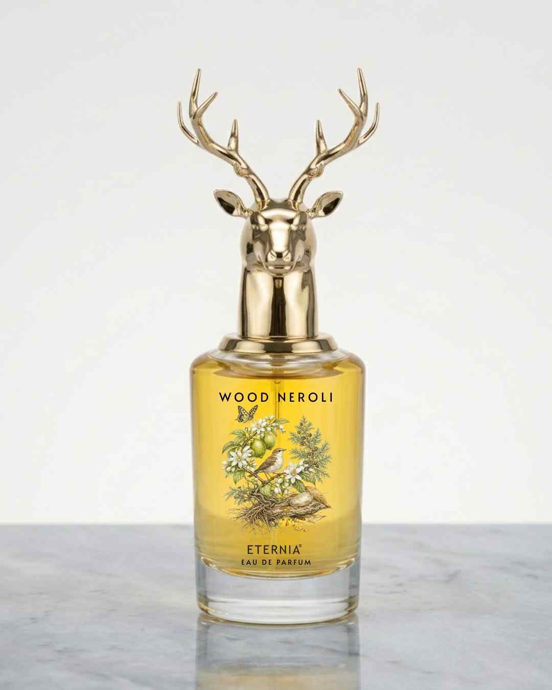Eternia Wood Neroli Eau de Parfum bottle with deer head cap