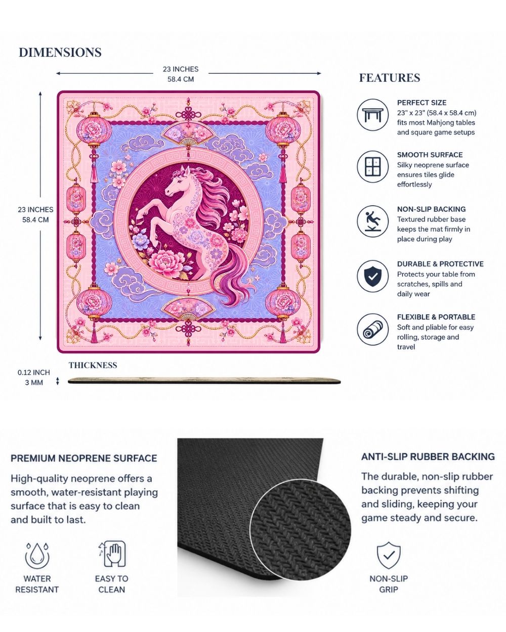 Premsons® Year of the Horse Mahjong Table Mat – Premium Anti-Slip Square Gaming & Decorative Mat - 23 x 23 inch - Versatile Non-Slip Play Surface