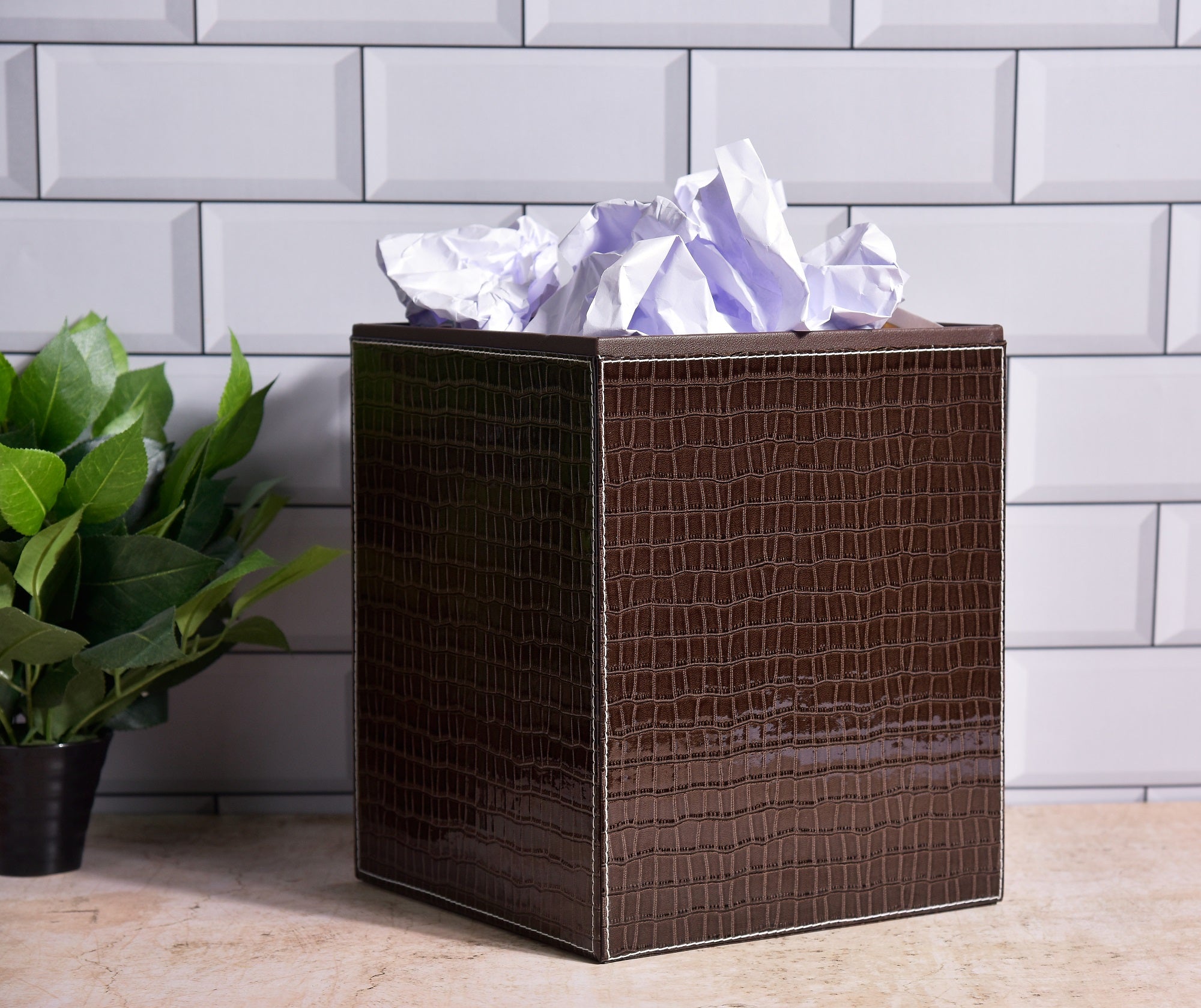 Square faux leather waste bin, croc pattern, dark brown, open top with liner