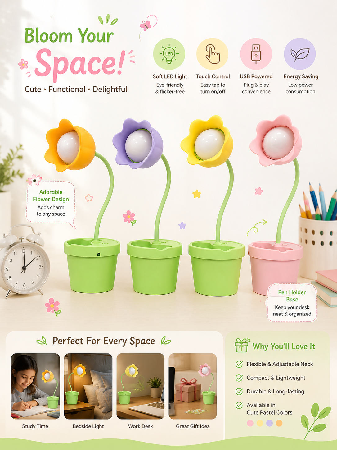 Flower LED desk lamps with pen holder display, showing multicolor planters and bulbs
