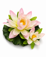Artificial floating water lily flowers with pink and cream petals, yellow centers, set of 4