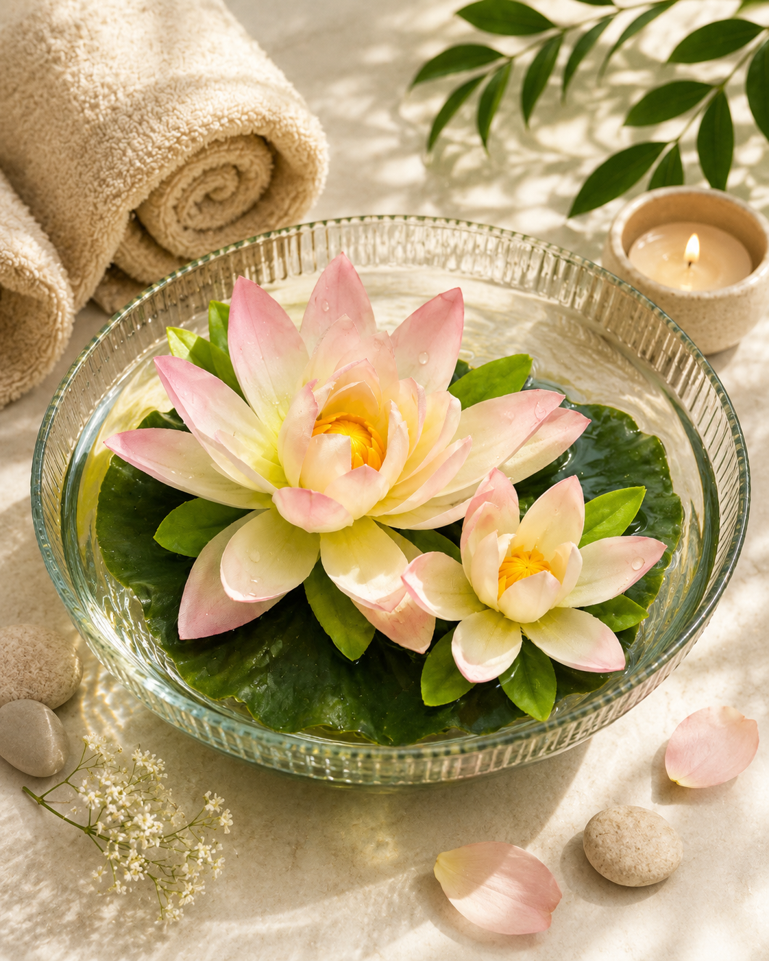 Artificial floating water lily flowers in a clear glass bowl, pink and cream petals, yellow centers