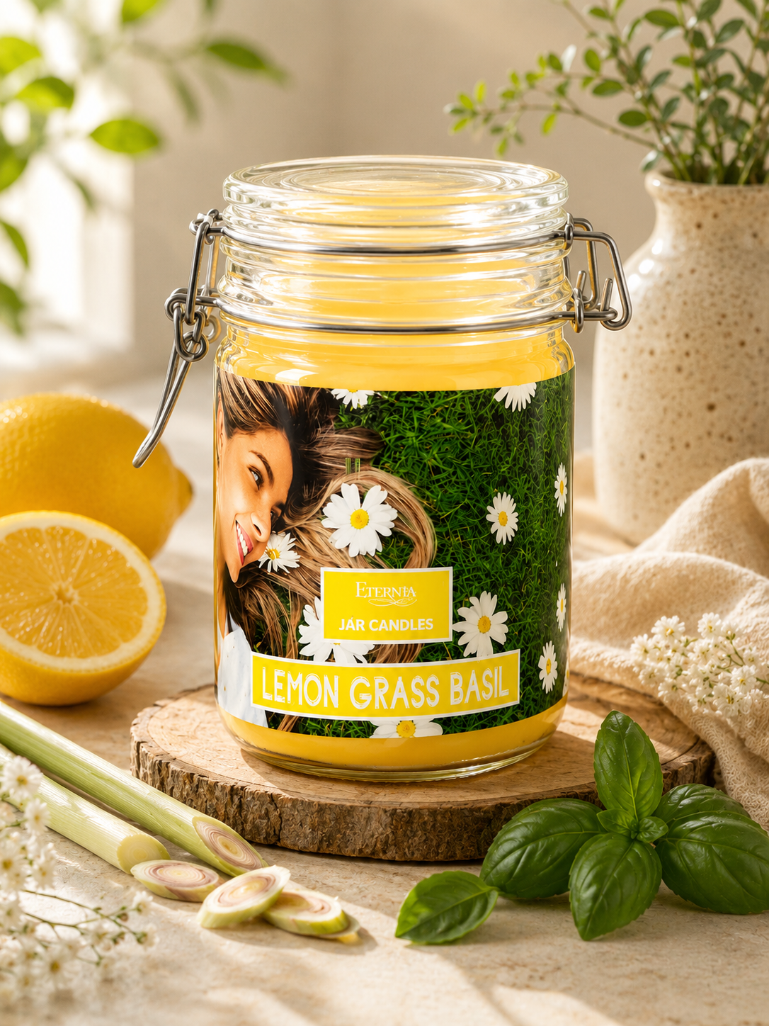 Clear glass jar candle with metal clamp lid, lemon grass basil label and herbs