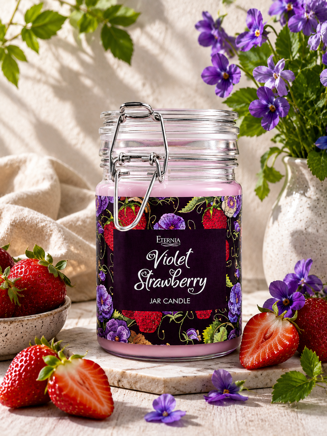 Jar candle with clip lid, violet strawberry floral label on clear glass jar