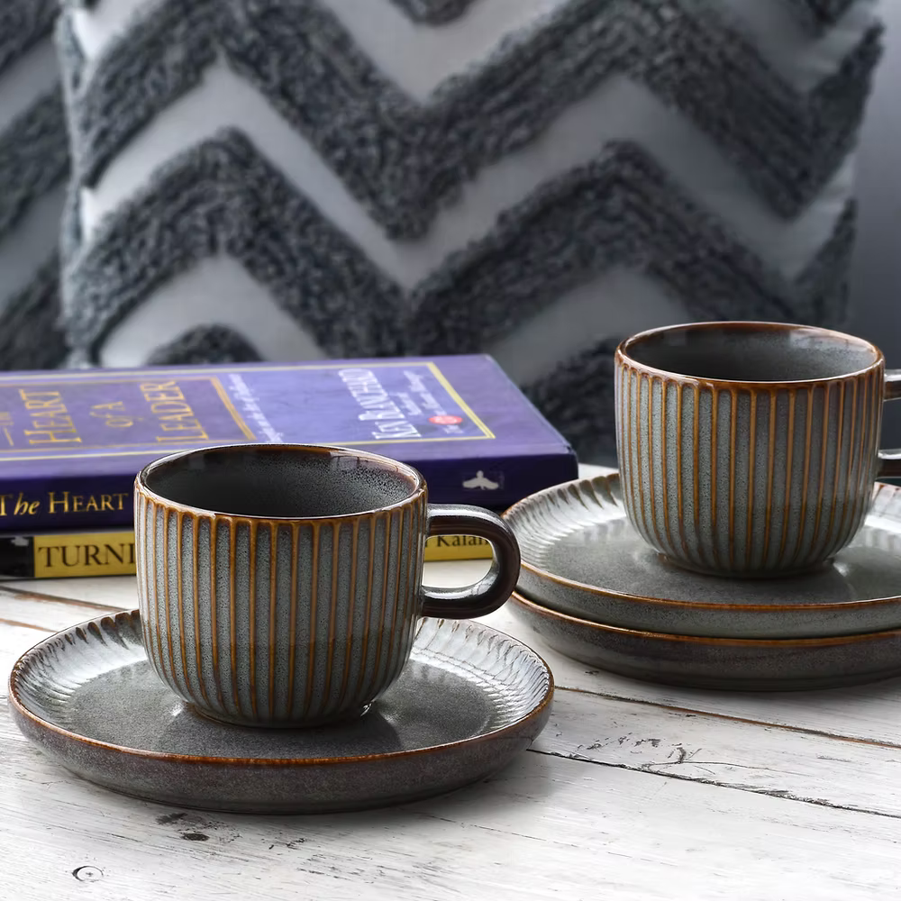 Stoneware Tea Cup & Saucer Set – 12-Piece Ceramic Set for 6 | 200ml Cups, Dishwasher & Microwave Safe