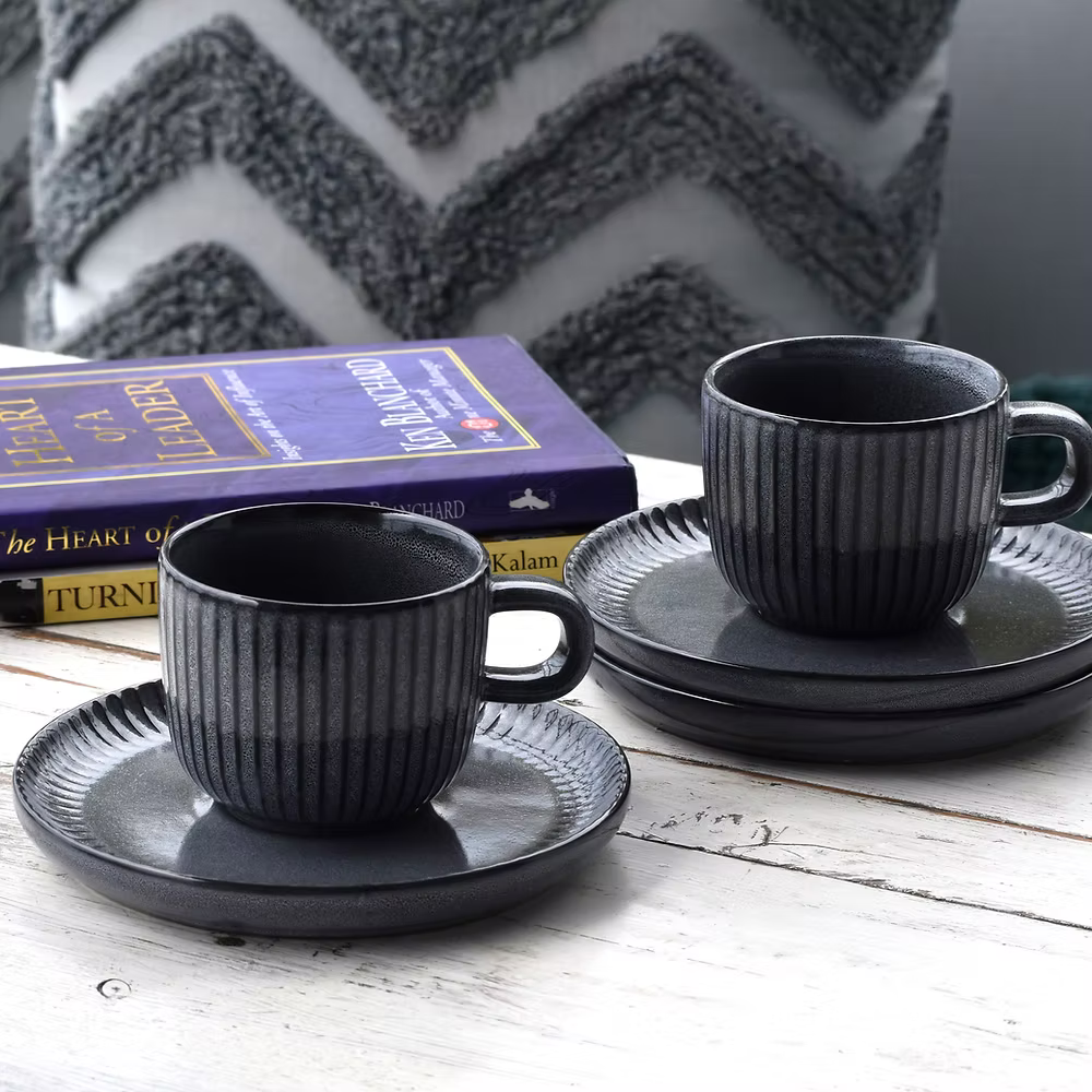 Stoneware Tea Cup & Saucer Set – 12-Piece Ceramic Set for 6 | 200ml Cups, Dishwasher & Microwave Safe