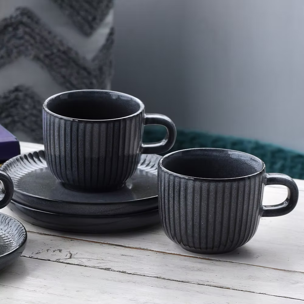 Stoneware Tea Cup & Saucer Set – 12-Piece Ceramic Set for 6 | 200ml Cups, Dishwasher & Microwave Safe