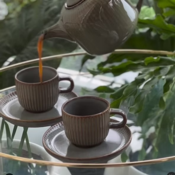 Stoneware Tea Cup & Saucer Set – 12-Piece Ceramic Set for 6 | 200ml Cups, Dishwasher & Microwave Safe