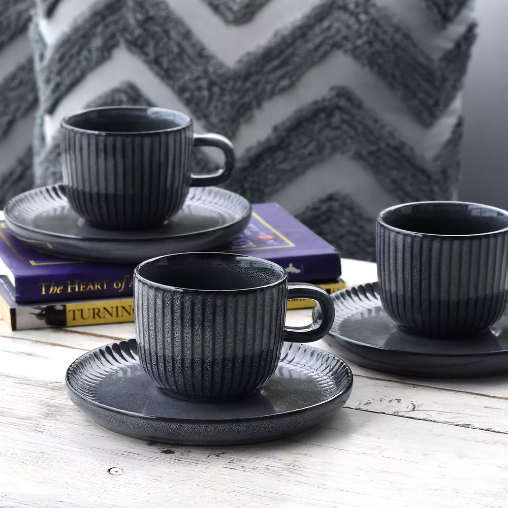 Stoneware Tea Cup & Saucer Set – 12-Piece Ceramic Set for 6 | 200ml Cups, Dishwasher & Microwave Safe