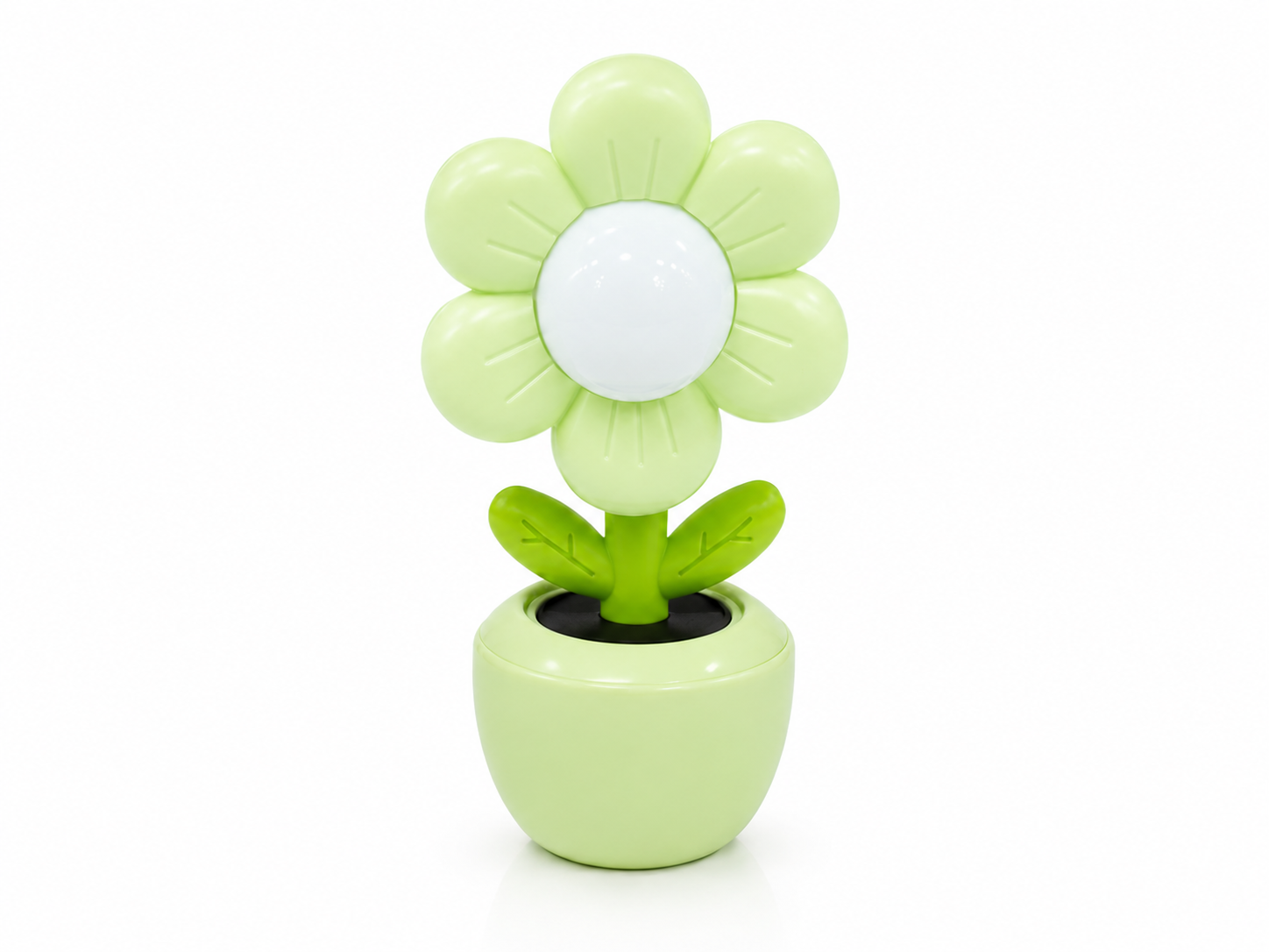 Green flower LED night light with white glowing center on potted base.