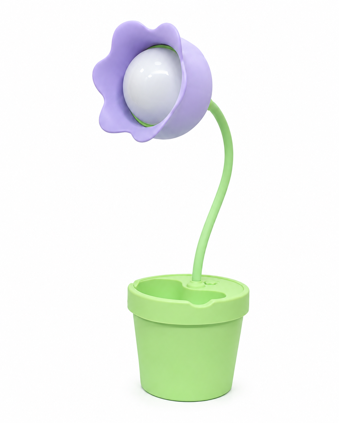 Light purple flower LED desk lamp with white bulb and green stem on a green planter