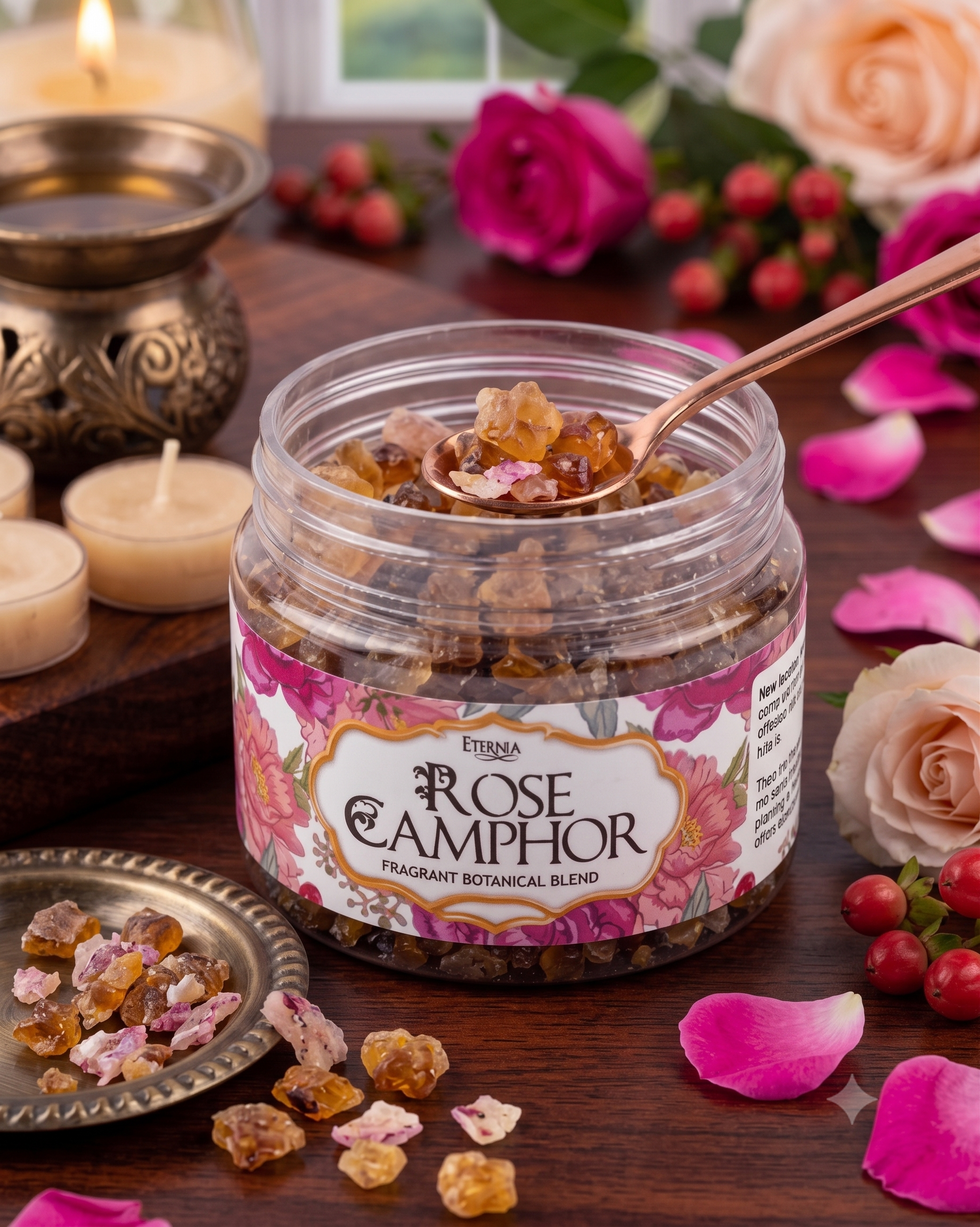 Rose camphor fragrance jar with crystals on wooden table, spoon and rose petals