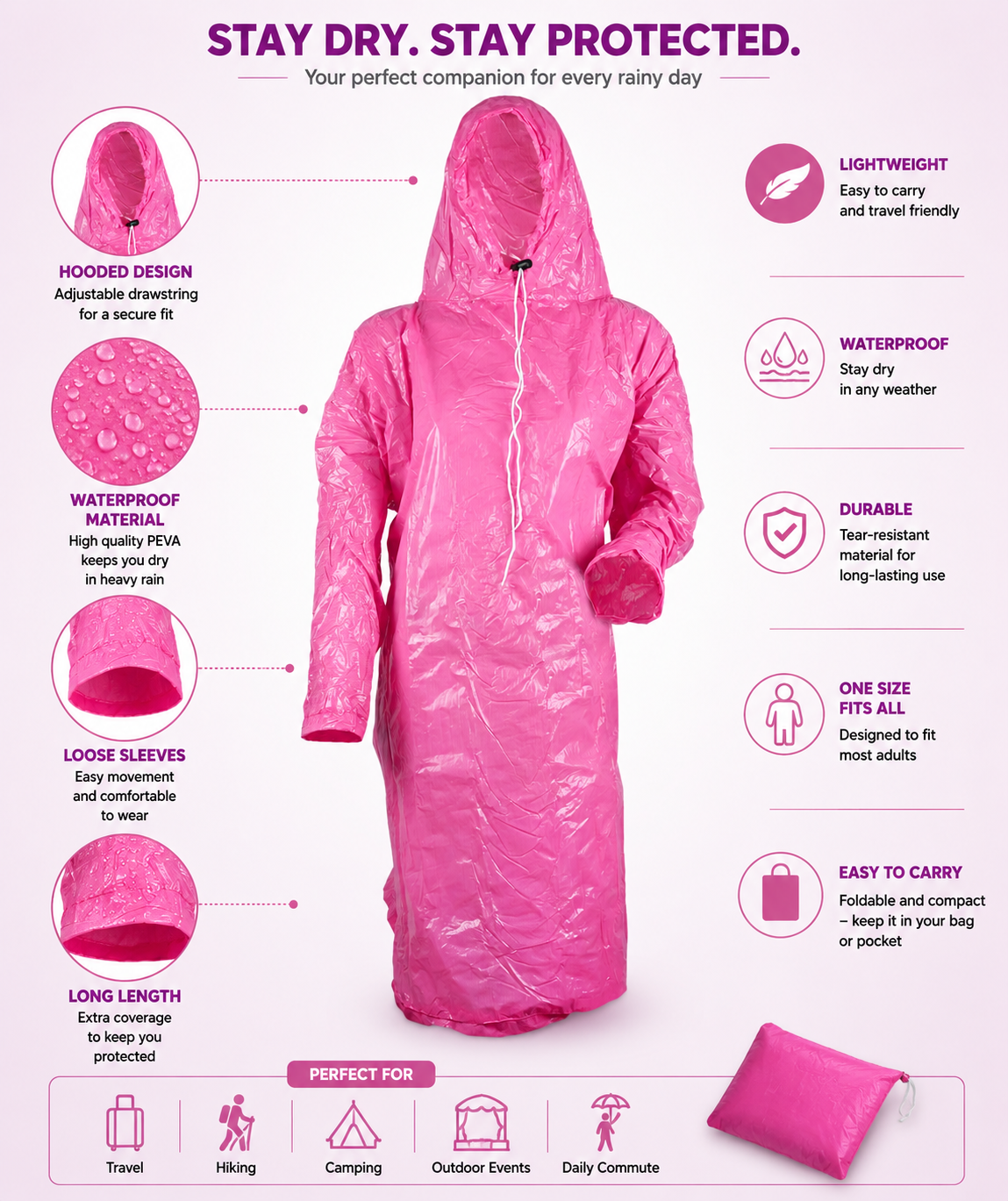 Pink rain poncho with adjustable hood and drawstring, long sleeves, packable carry pouch
