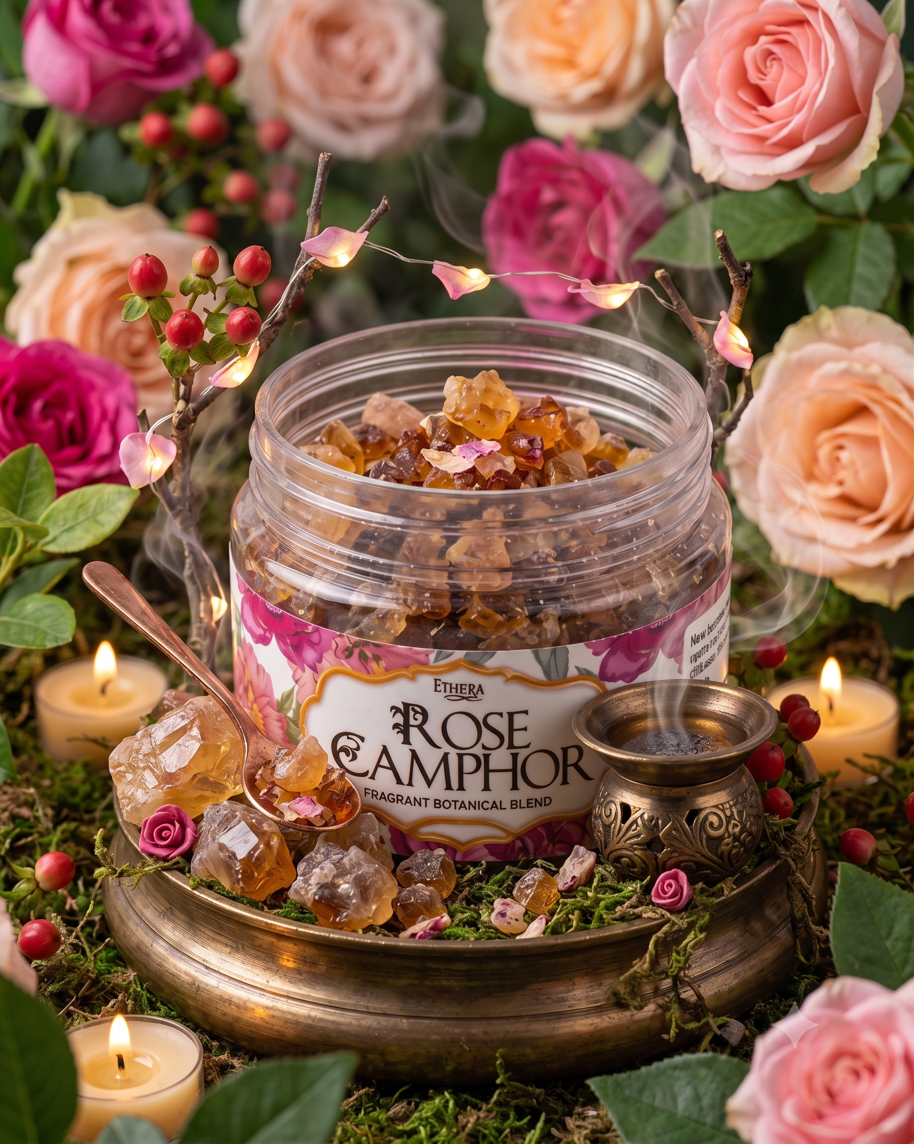 Rose camphor jar on brass tray with crystals, surrounded by rose blossoms and candles