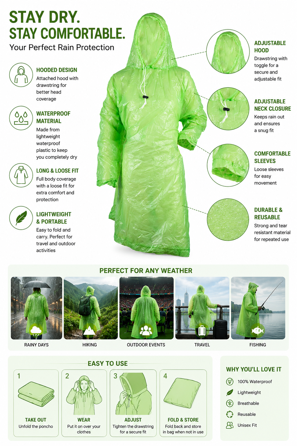 Green hooded rain poncho with drawstring, long loose sleeves, adjustable secure fit