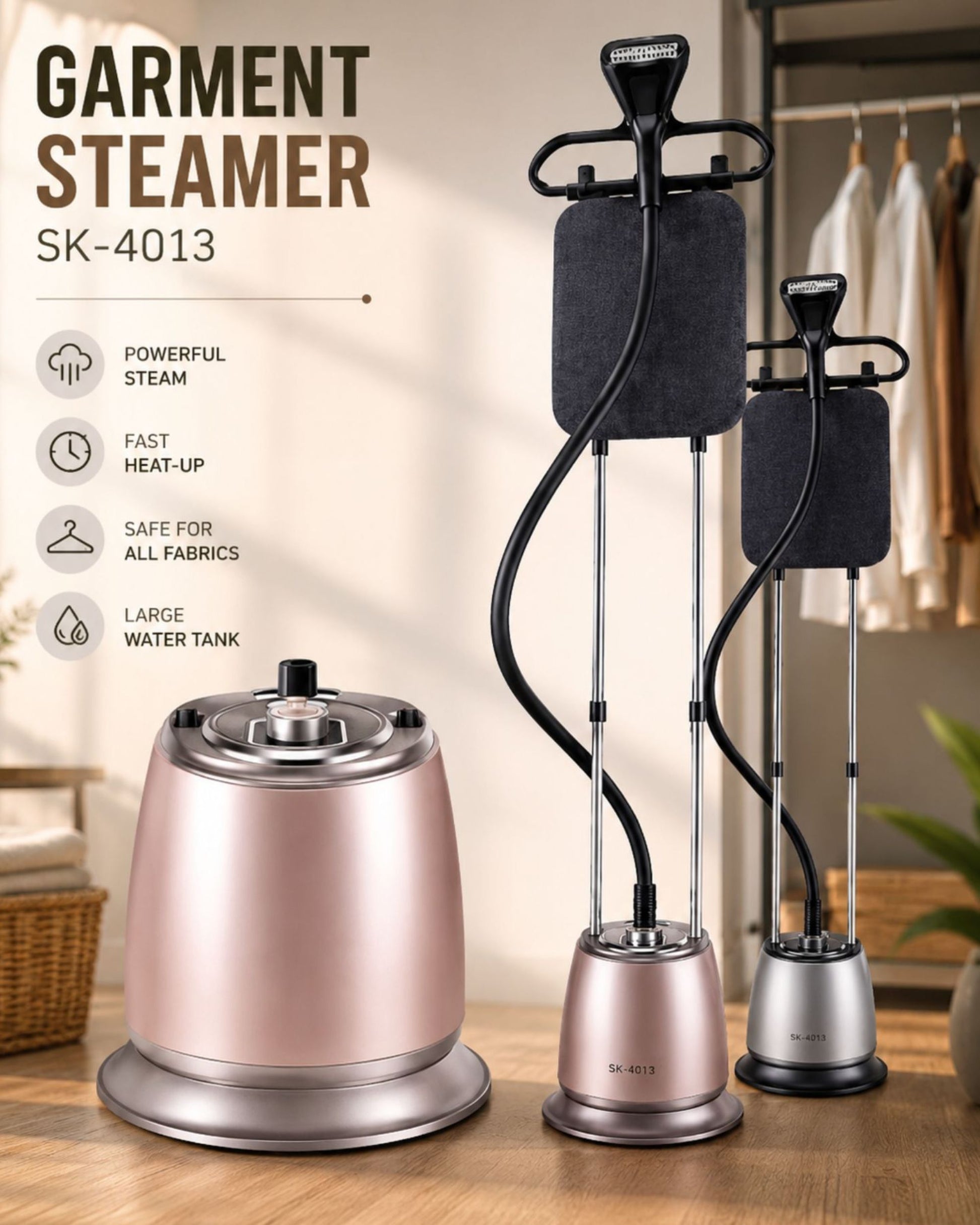 Garment steamer set with pink tank base, tall stand, and black steam pads
