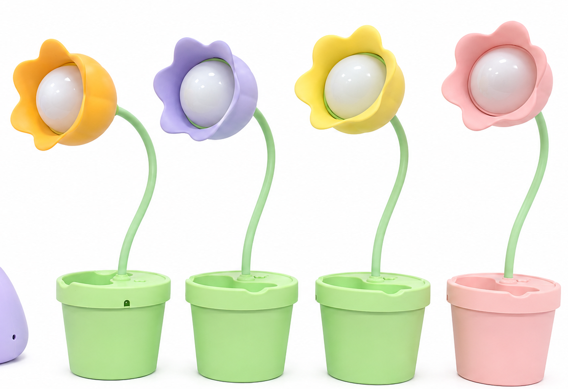Set of flower LED desk lamps with colored petals and white-glowing bulb in planters