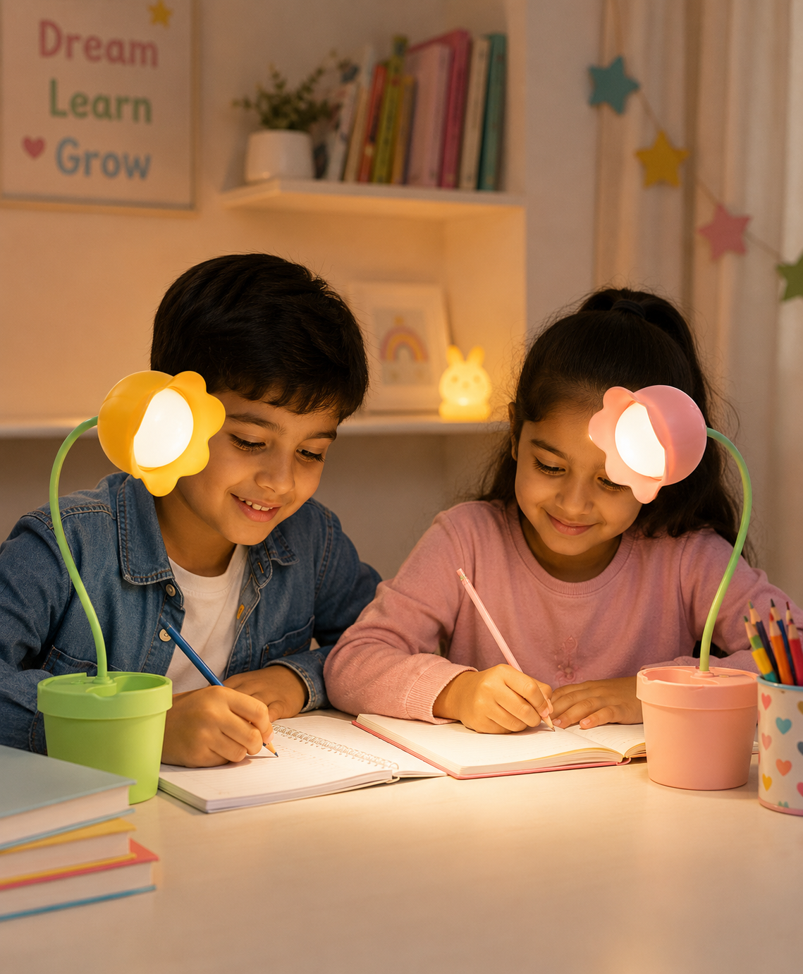 Kids studying with flower LED desk lamps in green, purple, and pink planters