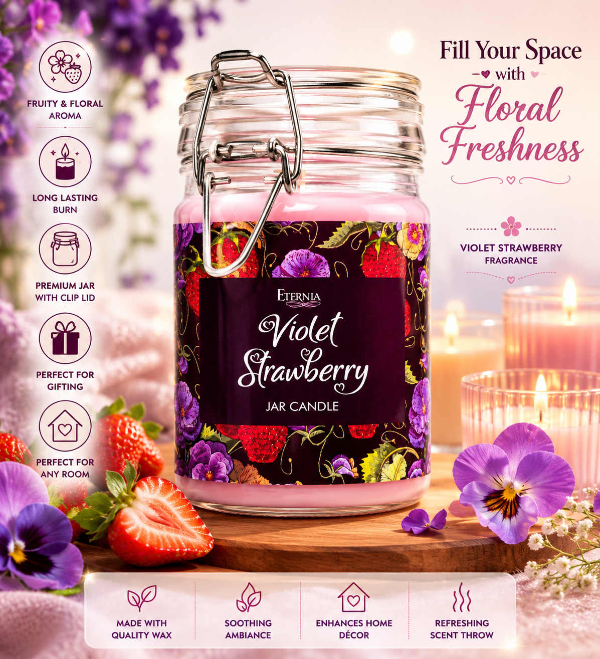 Jar candle with clip lid, dark label featuring violet and strawberry floral print