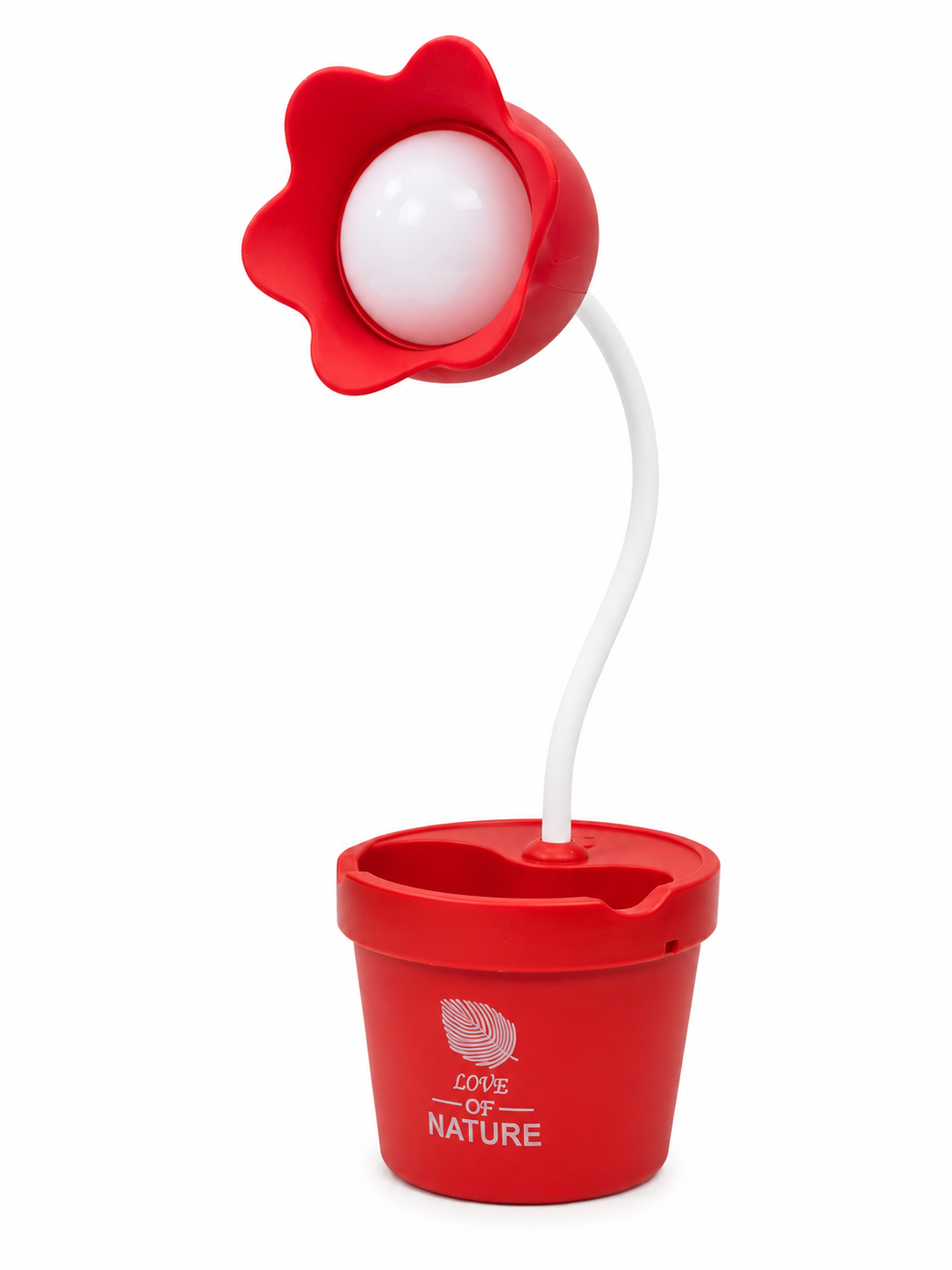 Red flower LED desk lamp with white bulb; red planter marked with "LOVE OF NATURE"