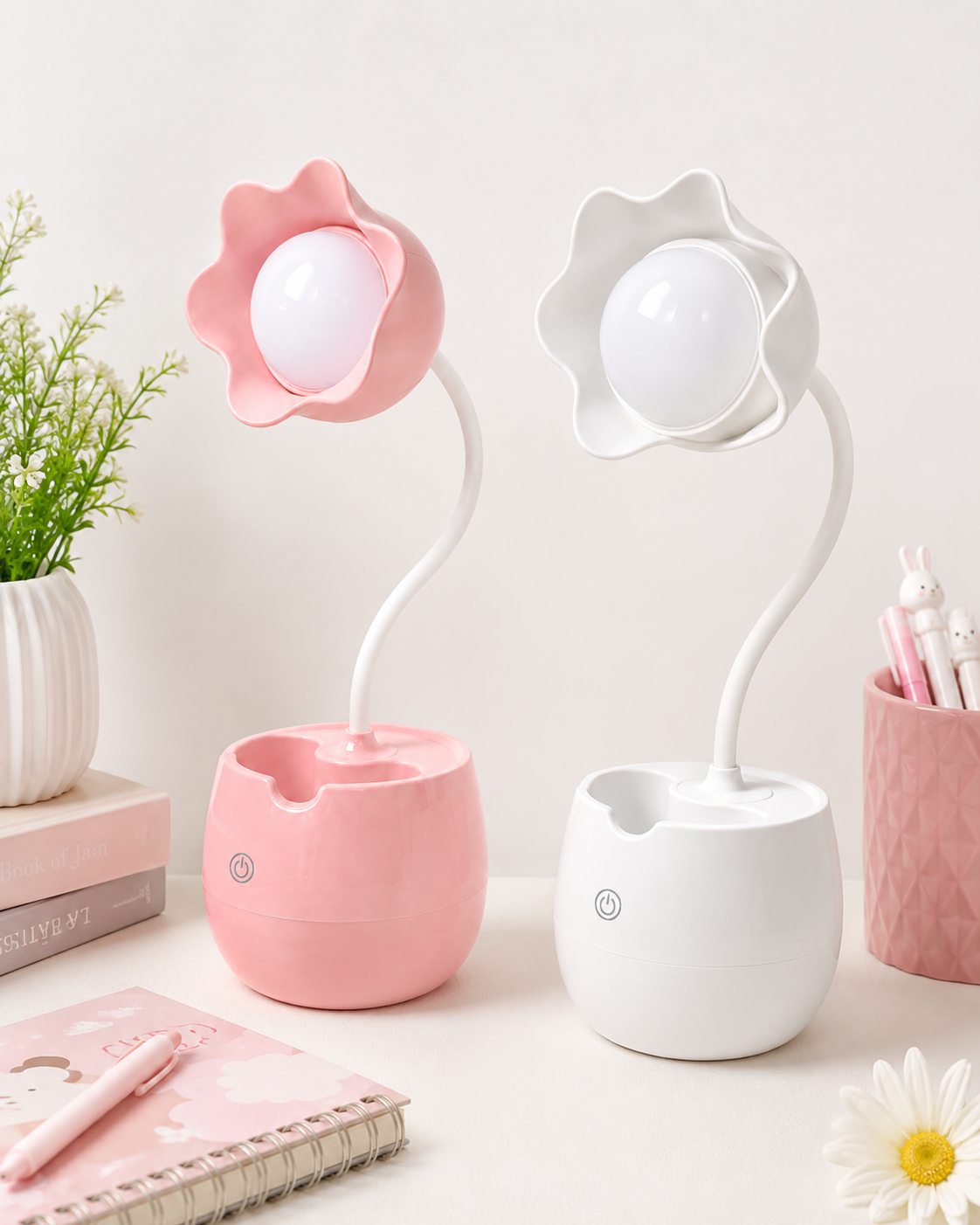 Pink and white flower LED table lamp set with round pen holder bases