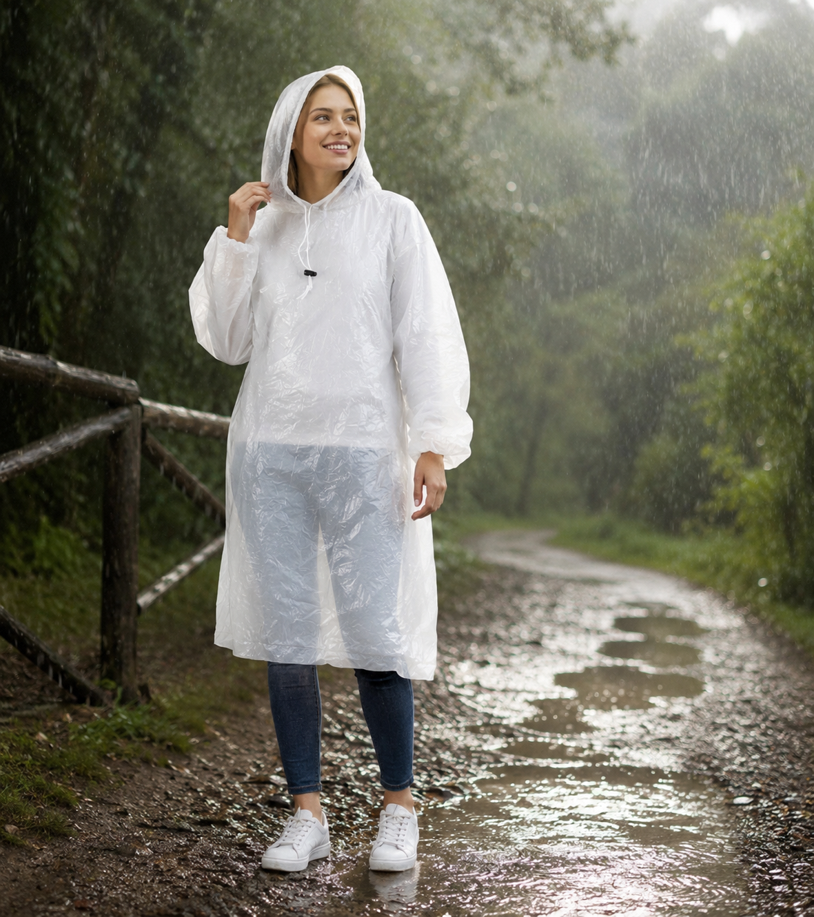 White hooded rain poncho with sleeves, adult unisex lightweight waterproof
