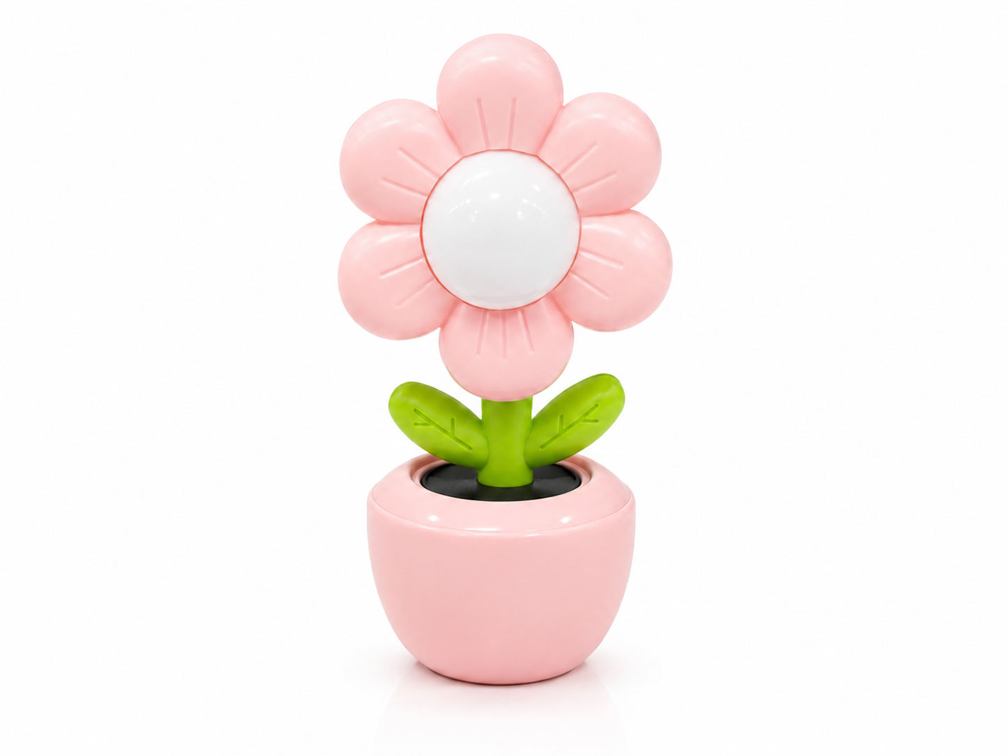 Pink flower LED night light with white glowing center and green leaves on pink pot.