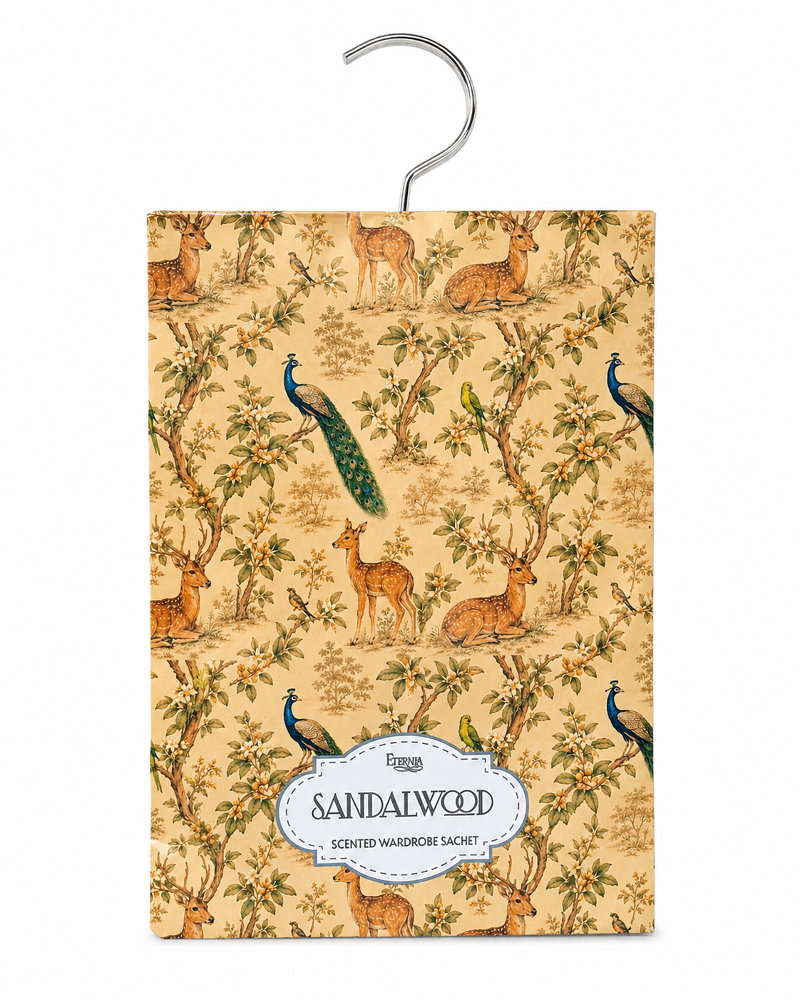 Sandalwood scented wardrobe sachet with hanging hook and animal botanical print