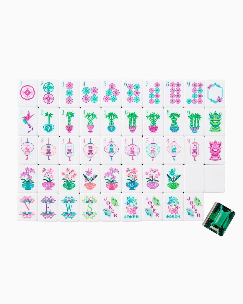 Colorful gemstone-themed mahjong tiles set with Joker and suit designs
