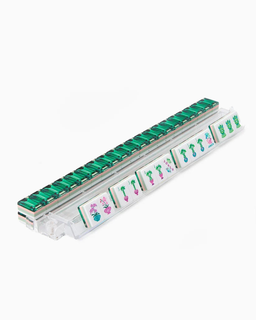 Mahjong tile holder containing green tiles with suit and number markings