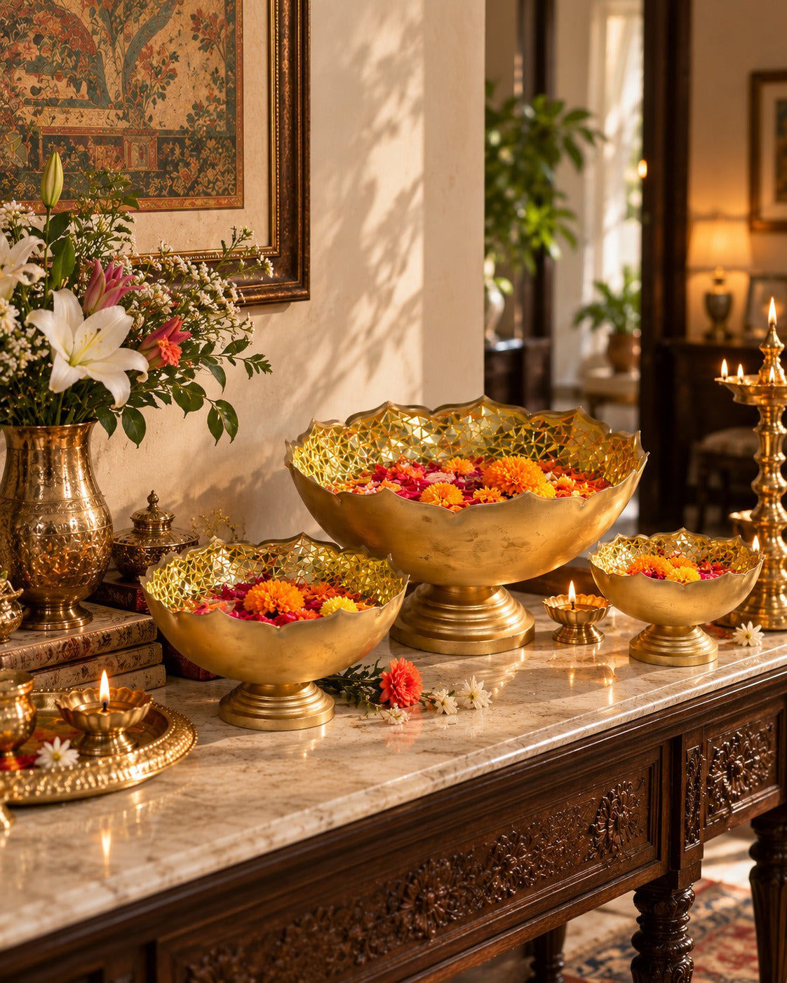 Three gold-tone decorative bowls with scalloped rims and pedestal bases