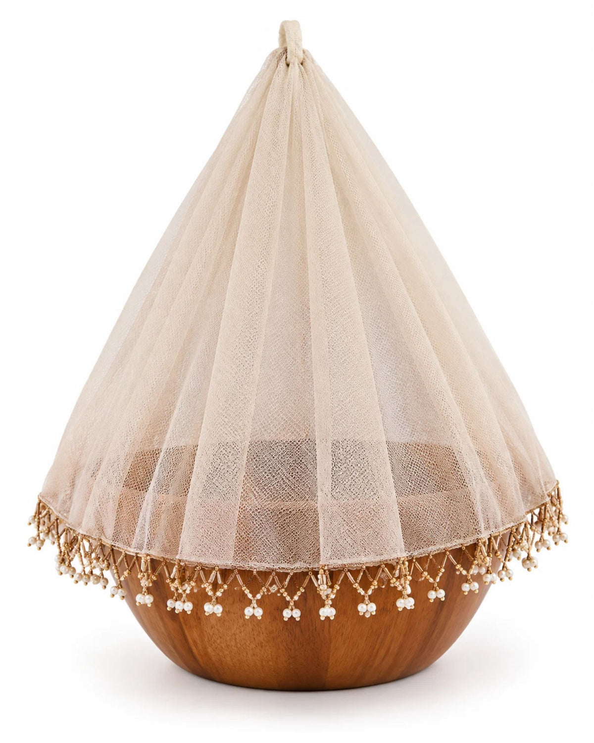 Light brown mesh dome food cover with lace border and dangling gold beads.