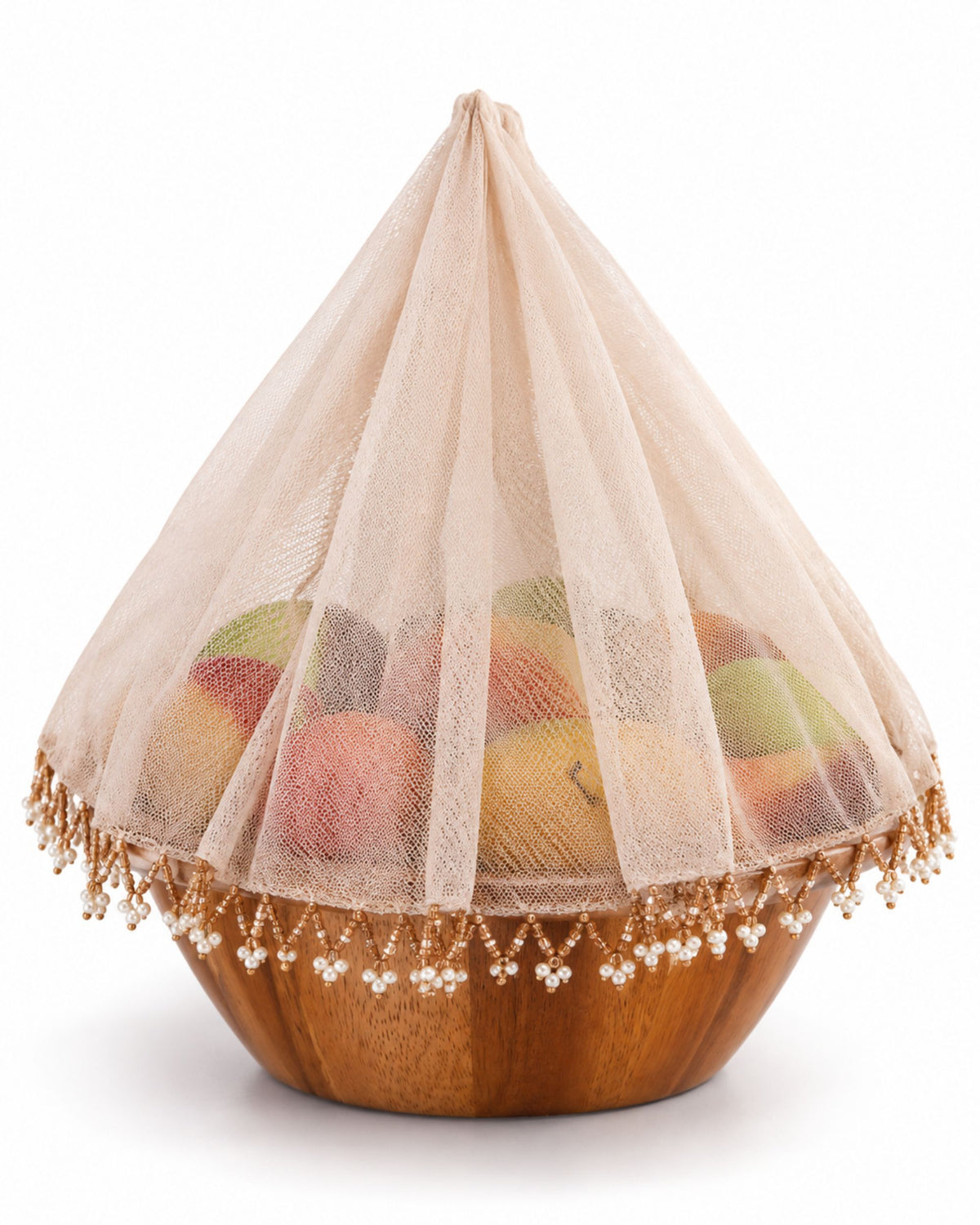 Light brown dome food cover with netting and gold-bead lace trim for protection.