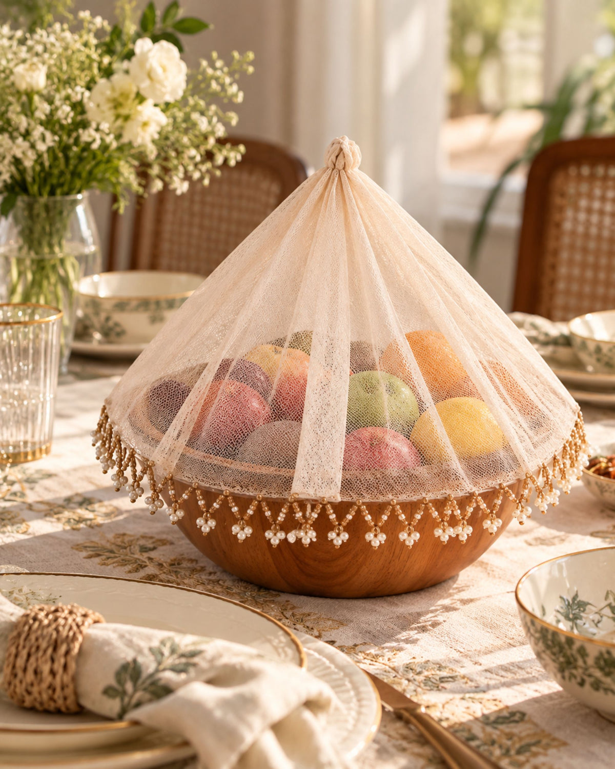 Light brown dome-shaped food cover with lace mesh and gold-tone beaded trim.