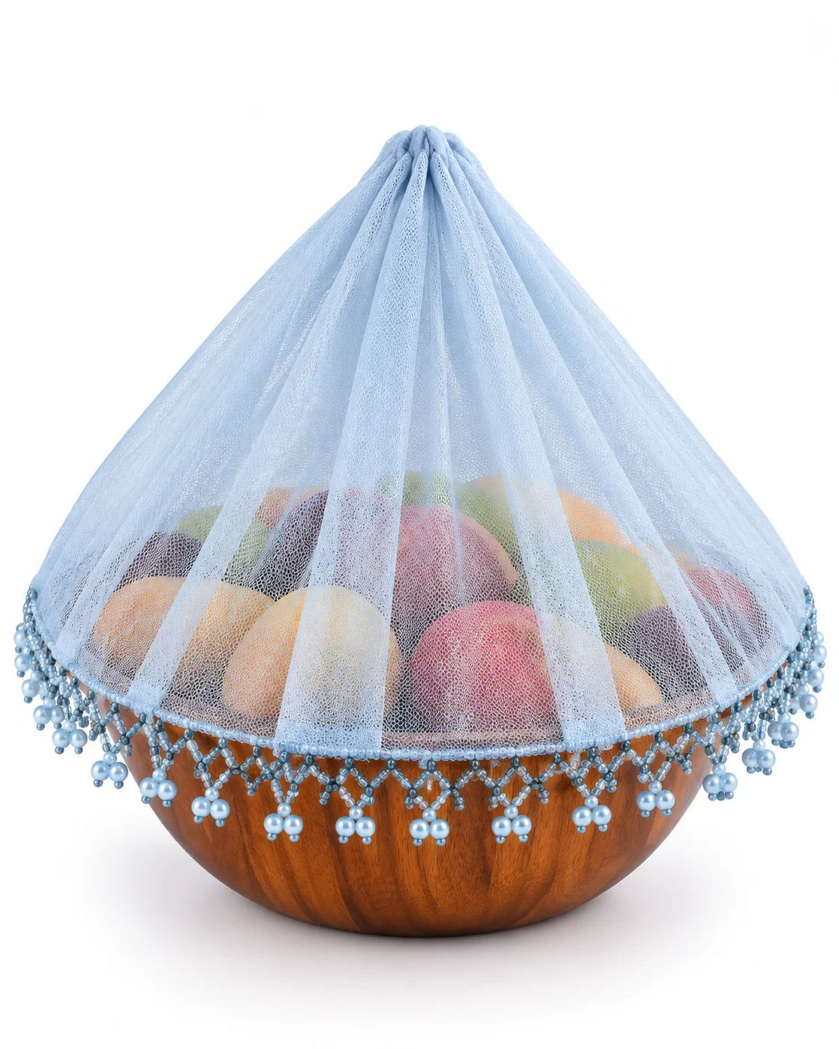 Light blue netted dome food cover with decorative lace edge and hanging beads.