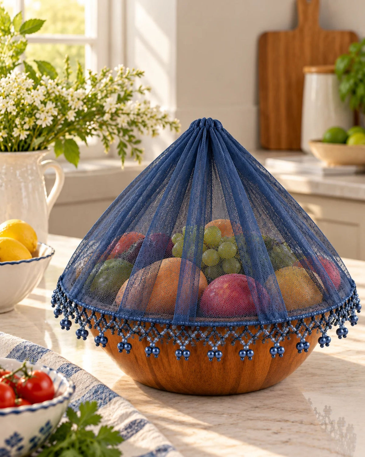 Navy dome food cover with mesh net and beaded lace border for covering dishes.