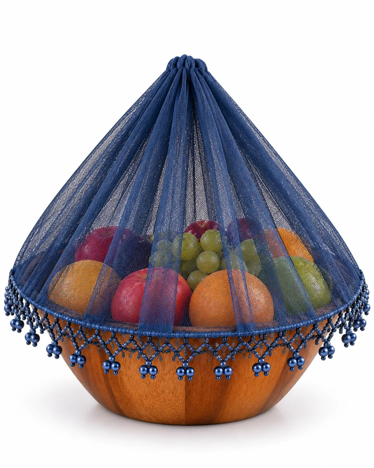 Navy dome-shaped food cover with lace netting and dangling bead trim.