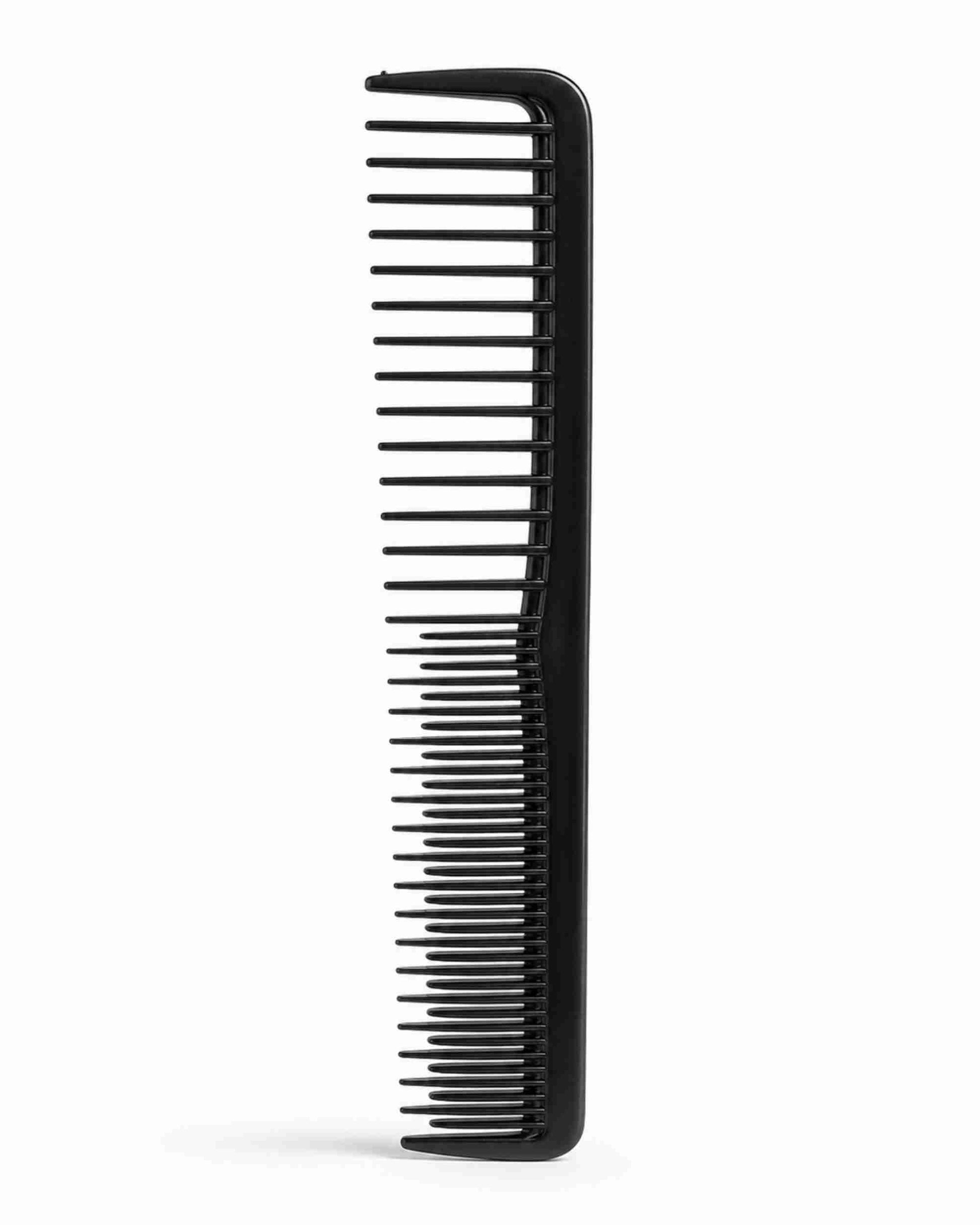 Black wide-tooth styling comb with rounded handle, straight view.