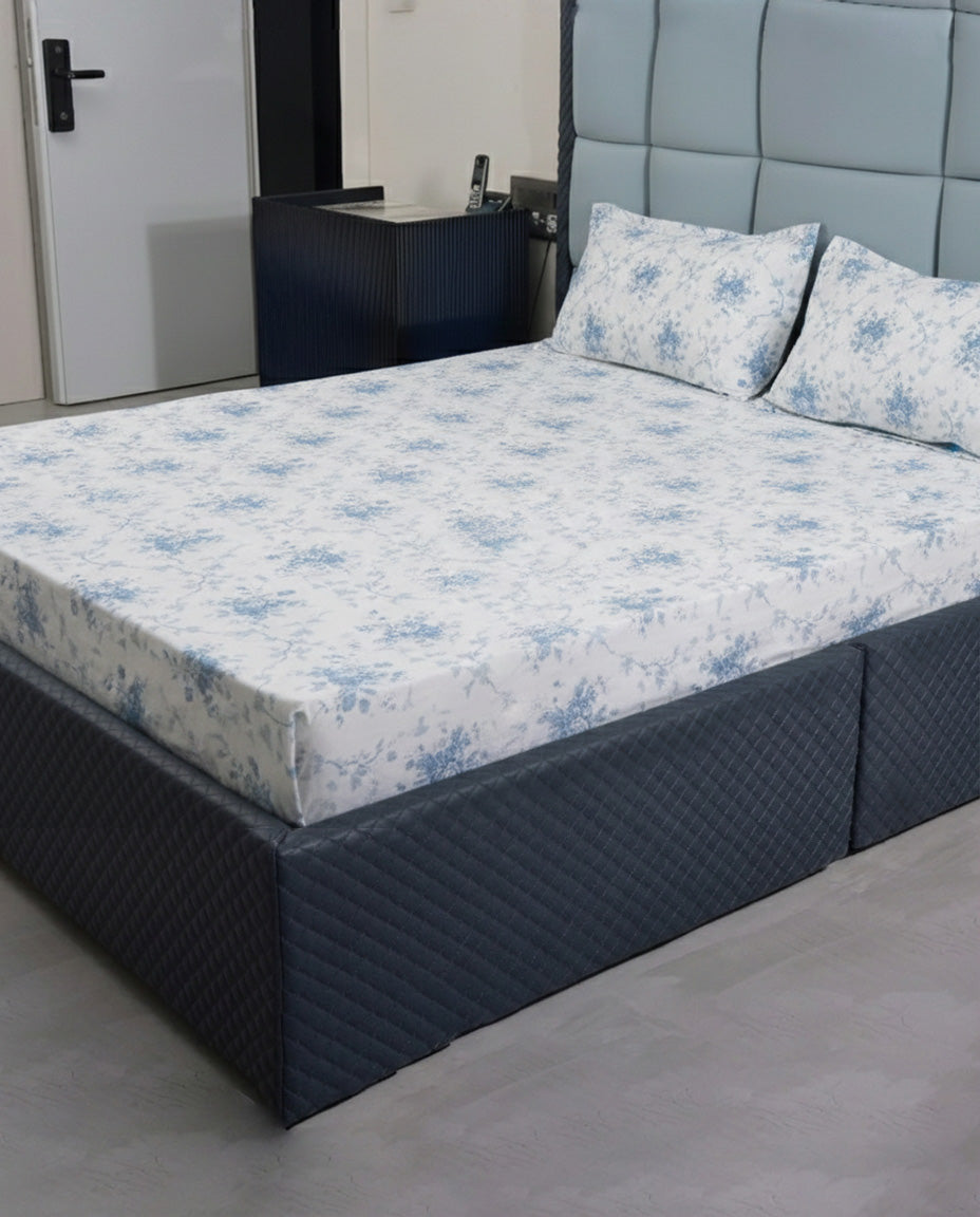 Premsons® Sky Blue Floral Printed King Size Bedsheet with Pillow Covers – Soft Cotton Double Bed Sheet for Elegant Bedroom Décor