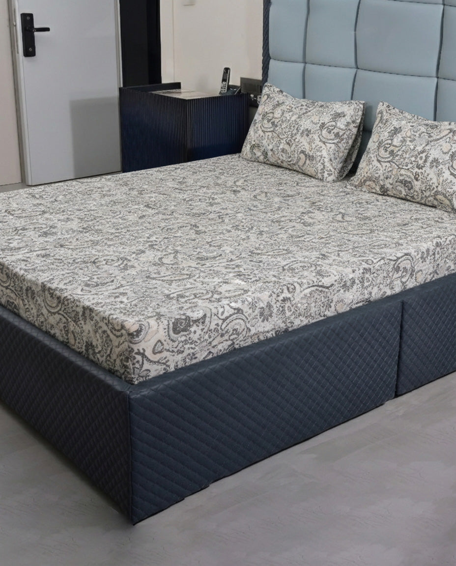 Premsons® Paisley Print King Size Bedsheet Set – Grey & Cream Double Bed Sheet with Pillow Covers | Soft Cotton Elegant Bedroom Bedding