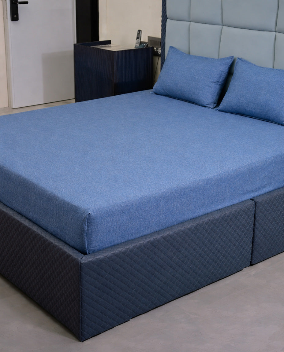 Premsons® Plain Blue King Size Bedsheet Set with pillow covers, soft cotton fabric, breathable, durable and perfect for bright modern bedroom décor.