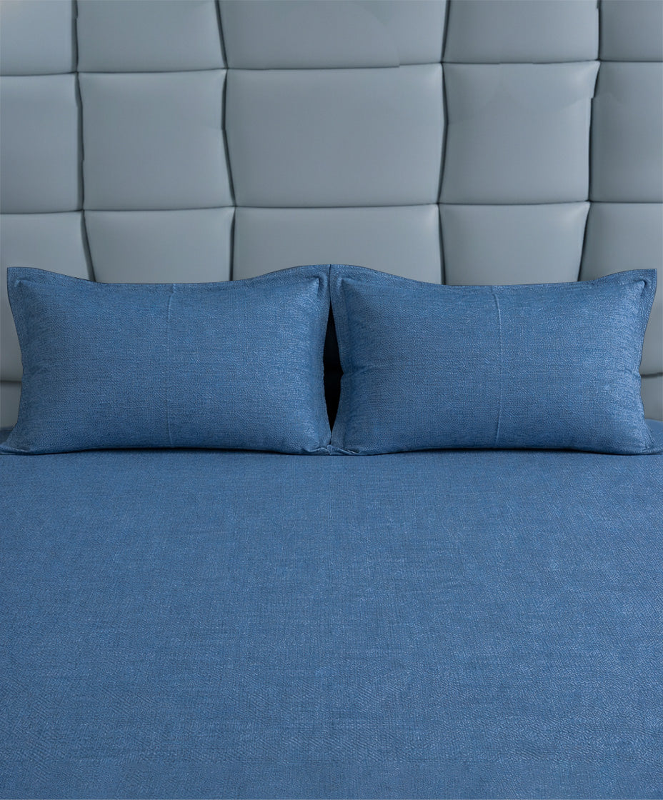 Premsons® Plain Blue King Size Bedsheet Set with pillow covers, soft cotton fabric, breathable, durable and perfect for bright modern bedroom décor.