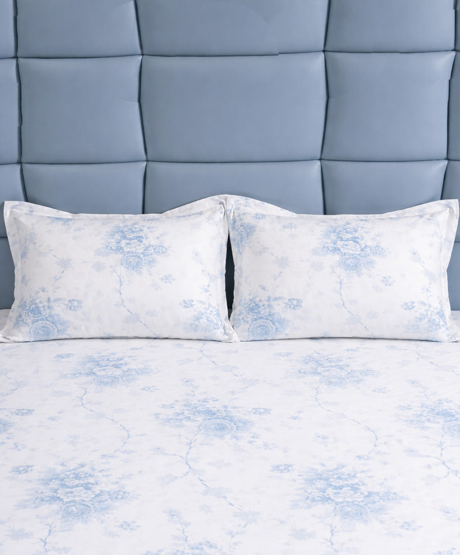 Premsons® Sky Blue Floral Printed King Size Bedsheet with Pillow Covers – Soft Cotton Double Bed Sheet for Elegant Bedroom Décor