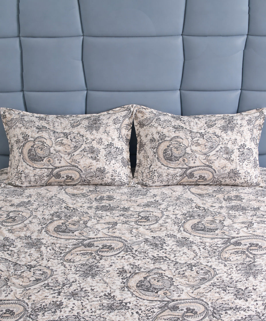 Premsons® Paisley Print King Size Bedsheet Set – Grey & Cream Double Bed Sheet with Pillow Covers | Soft Cotton Elegant Bedroom Bedding