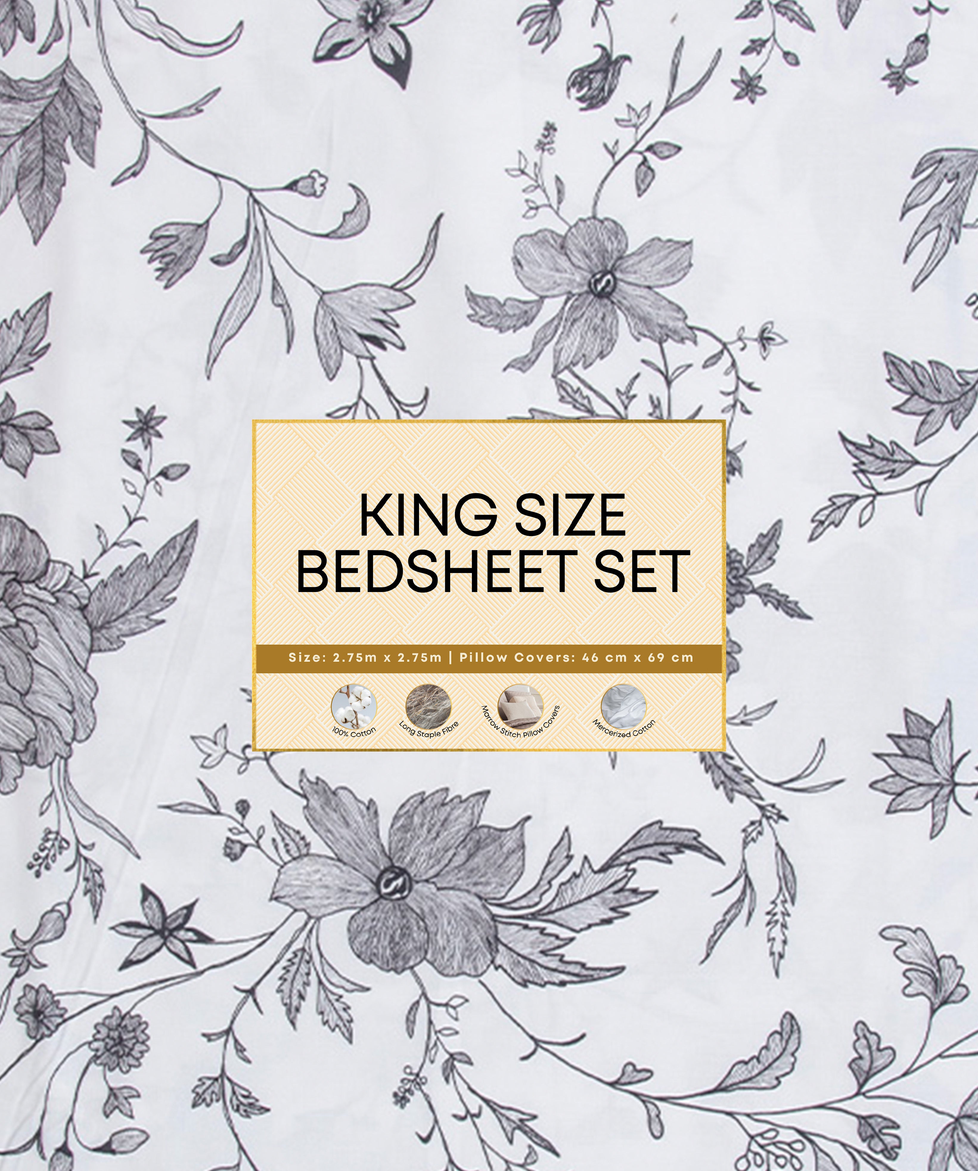 Premsons® Floral Grey Print King Size Bedsheet Set – Soft Cotton Double Bed Sheet with Matching Pillow Covers