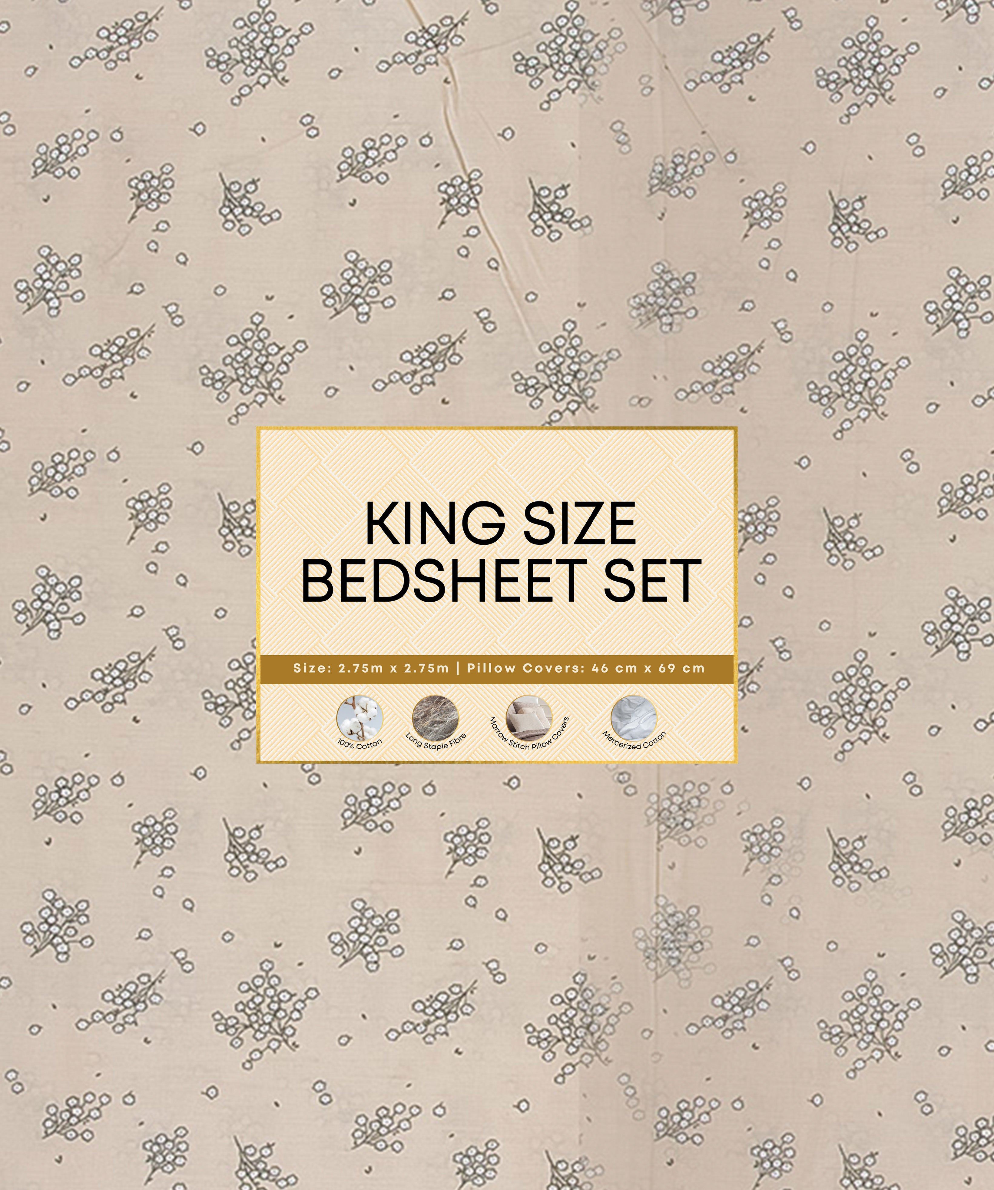 Premsons® King Size Printed Bedsheet – Cream Colour Double Bed Sheet with Pillow Covers | Soft & Comfortable Bedding for Bedroom